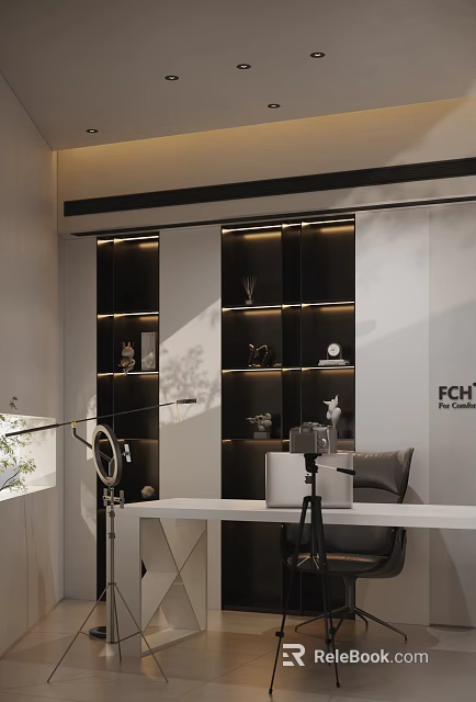 Modern Home Office Workspace Interior With Black White Bookshelves Decorative Items Lighting White Desk Computer Camera And Chair 3d model 