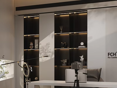 Modern Home Office Workspace Interior With Black White Bookshelves Decorative Items Lighting White Desk Computer Camera And Chair 3d model
