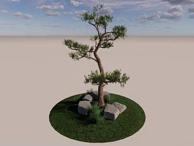 Single Tree With Green Grass And Gray Stones Under Blue Sky And Clouds 3d model