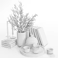 Elegant Decorative Ornament Set With Green Plants Stacked Books Glass Vases Candles And Wooden Tray