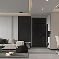 Modern Living and Dining Room Interior Design with Grey Sofa Coffee Table Rug and Artwork