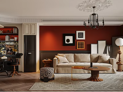 Elegant Living Dining Room Interior With Red Walls Beige Sofa Wooden Coffee Table And Chandelier 3d model