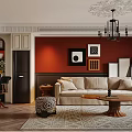Elegant Living Dining Room Interior With Red Walls Beige Sofa Wooden Coffee Table And Chandelier