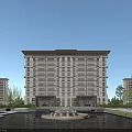 Modern Residential Buildings With Central Water Pool Fountain And Lush Greenery