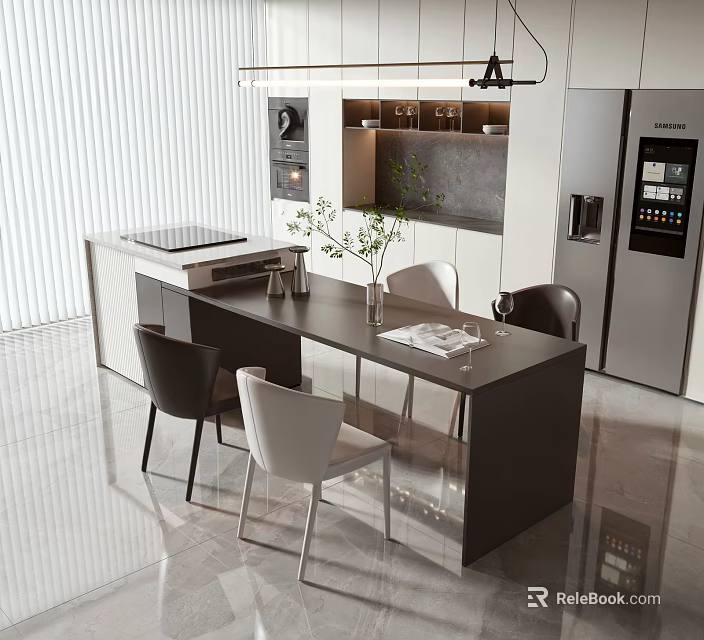 Modern Open Concept Restaurant Dining Area With Island Table Chairs And Cabinets 3d model 