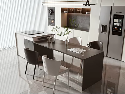 Modern Open Concept Restaurant Dining Area With Island Table Chairs And Cabinets 3d model