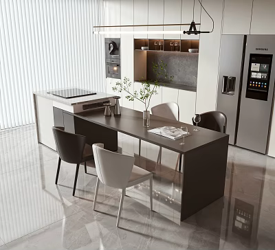 Modern Open Concept Restaurant Dining Area With Island Table Chairs And Cabinets 3d model