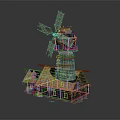 Cartoon Windmill Cottage Scene With Orange Roof Green Vines And Stone Base
