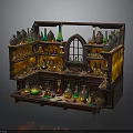 Vintage Alchemy Wooden Shelf With Colorful Potion Bottles Glassware And Arched Window