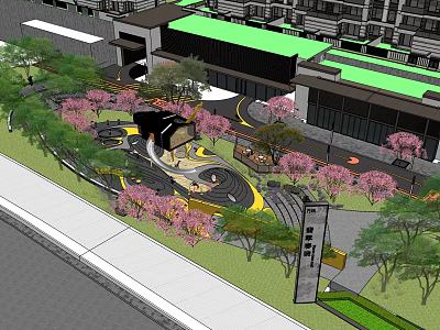 Modern Community Landscape With Green Roof Buildings Cherry Blossom Trees And Curved Walkways 3d model