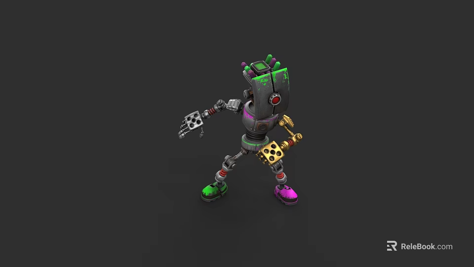 Robotic Game Movie Character With Green Purple Accents Mechanical Limbs And Glowing Elements 3d model 