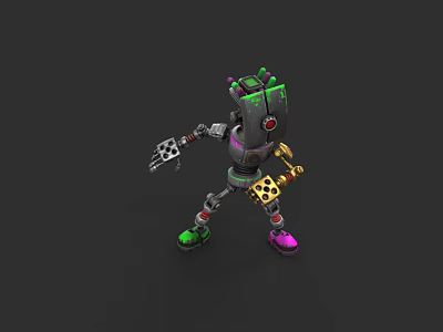 Robotic Game Movie Character With Green Purple Accents Mechanical Limbs And Glowing Elements 3d model