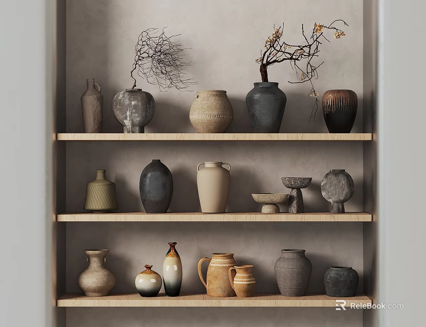 Collection of Assorted Ceramic Vessels on Wooden Shelves with Decorative Branches and Neutral Hues 3d model 
