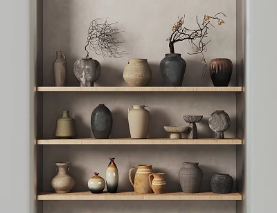 Collection of Assorted Ceramic Vessels on Wooden Shelves with Decorative Branches and Neutral Hues 3d model