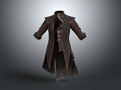 Vintage Style Dark Long Coat With Button Details And Textured Fabric 3d model