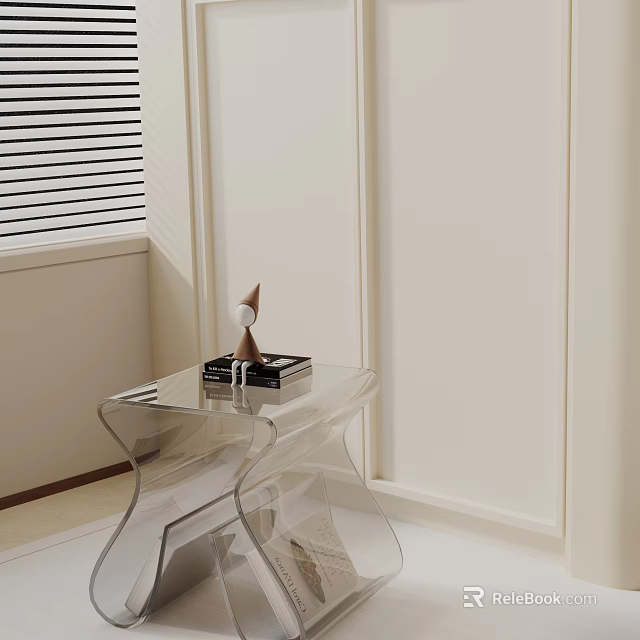 Modern Minimalist Clear Acrylic Side Table With Decorative Object And Tray In Bright Room 3d model 