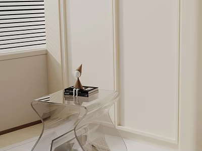 Modern Minimalist Clear Acrylic Side Table With Decorative Object And Tray In Bright Room 3d model
