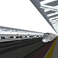 High Speed Train At Modern Railway Station Platform With Tracks Roof Structure And Mountains