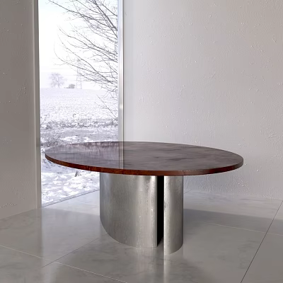 White Background Wall in Interior With Window Snowy Landscape Round Wooden Top Metal Base Table 3d model