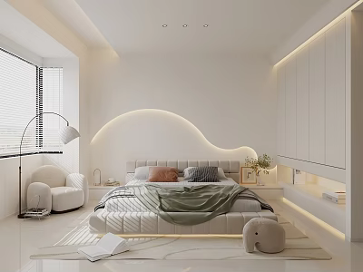 Modern Elegant White Bedroom Interior With Curved Headboard Wall LED Strip Lights And Floor Lamp 3d model