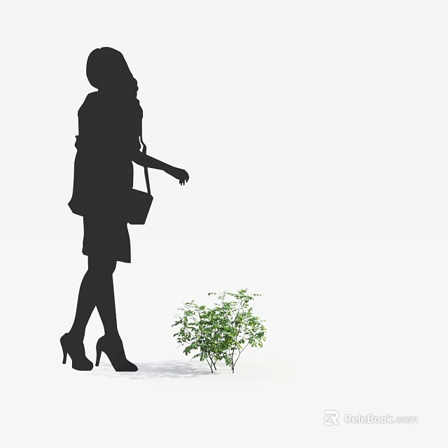 Female Silhouette Wearing Dress and High Heels Near Small Arbor Seedling 3d model 