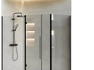 Modern Shower Room Design With Black Shower Head And Glass Enclosure Tiled Wall 3d model