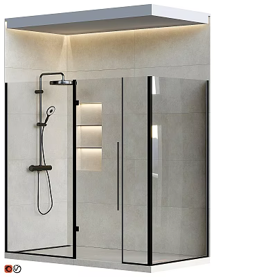 Modern Shower Room Design With Black Shower Head And Glass Enclosure Tiled Wall 3d model
