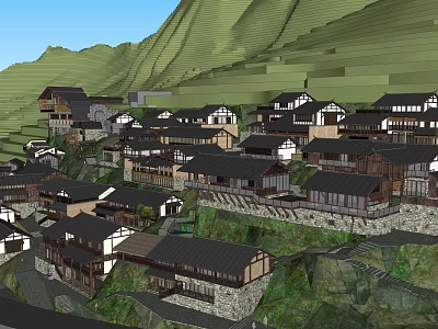 Scenic Traditional Village With Black Roofs Stone Walls Nestled On Green Hillside 3d model