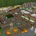 Rural Farm Landscape With Flower Fields Pumpkins Vegetables Wooden Tables And Striped Awning Stalls