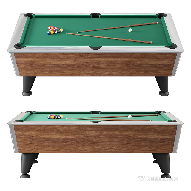 Professional Pool Table With Green Felt Surface Wooden Frame And Billiard Cues 3d model 