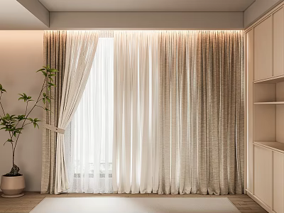 Beige Textured Curtains With Sheer Layers For Modern Minimalist Interior With Natural Light 3d model