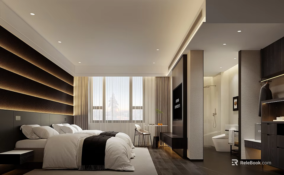 Modern Hotel Room Interior With Double Bed White Bedding TV Black Accents And Large Windows 3d model 
