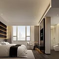 Modern Hotel Room Interior With Double Bed White Bedding TV Black Accents And Large Windows