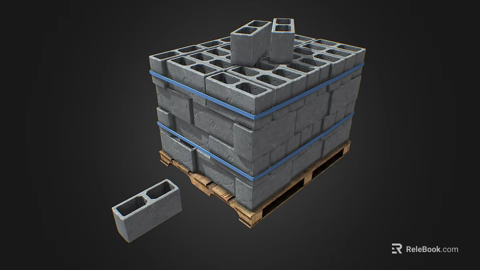 Stacked Concrete Blocks Secured With Blue Straps On Wooden Pallets Including Single Block 3d model 