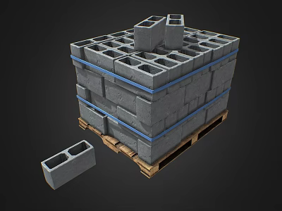 Stacked Concrete Blocks Secured With Blue Straps On Wooden Pallets Including Single Block 3d model