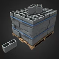 Stacked Concrete Blocks Secured With Blue Straps On Wooden Pallets Including Single Block 3d model