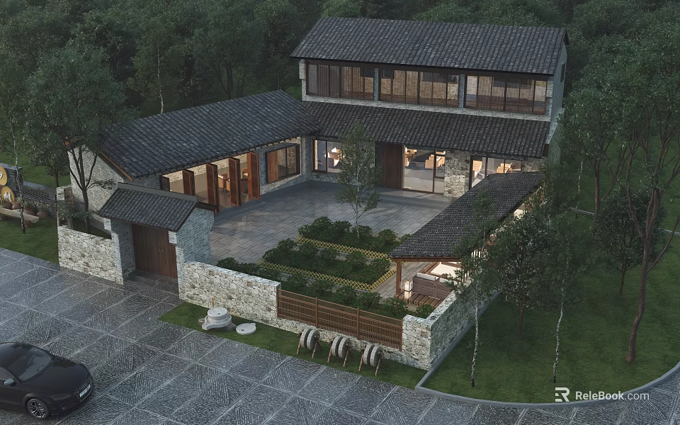 Chinese Rural Self Built House With Black Tile Roof Two Story Courtyard And Green Plants 3d model 