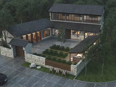Chinese Rural Self Built House With Black Tile Roof Two Story Courtyard And Green Plants 3d model
