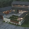 Chinese Rural Self Built House With Black Tile Roof Two Story Courtyard And Green Plants