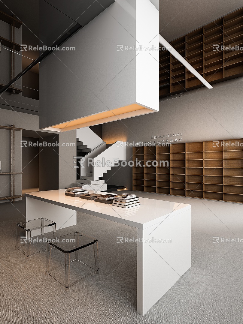 Bookstore Library Reading Room Bookshelf Desk and Chair 3d model