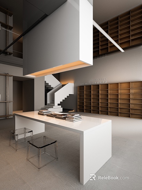 Minimalist Book Art Space Design With Wooden Bookshelves Stacked Books And White Table 3d model 