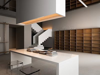 Minimalist Book Art Space Design With Wooden Bookshelves Stacked Books And White Table 3d model