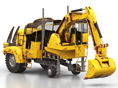 Yellow Industrial Construction Vehicle With Worn Appearance Excavator Arm Bucket And Cab 3d model