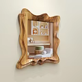 Mirror With Irregular Wooden Frame Reflecting Bedroom Scene With Bed And Pillows
