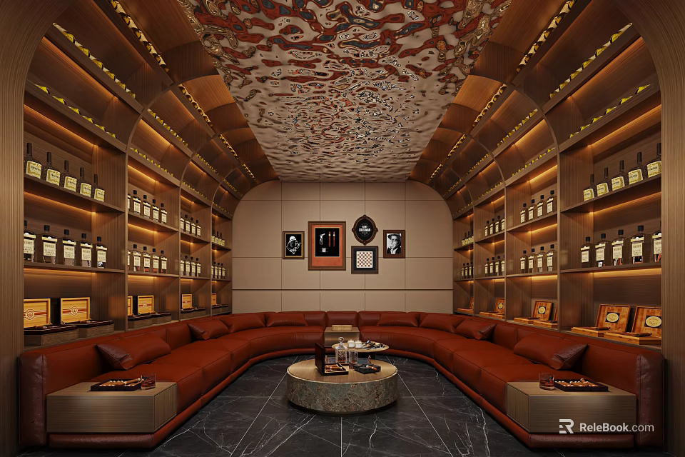 Elegant Lounge Room with Red Sofas Round Coffee Table Decorative Paintings Patterned Ceiling Wine Racks 3d model 