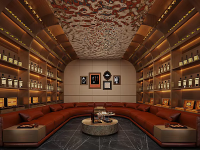 Elegant Lounge Room with Red Sofas Round Coffee Table Decorative Paintings Patterned Ceiling Wine Racks 3d model