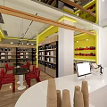 Bright Modern Interior Design With Curved Counter Bookshelves And Tiled Walls