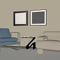 Accent Chairs Blue Beige with Metal Frame Black Framed Art Striped Rug Side Table