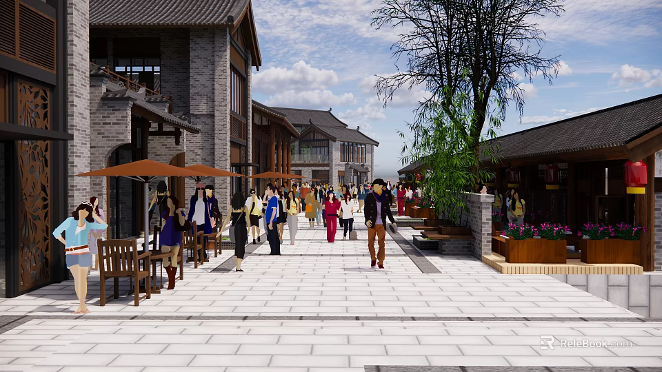 Charming Vibrant Commercial Street With Traditional Buildings Pedestrians Outdoor Seating And Trees 3d model 