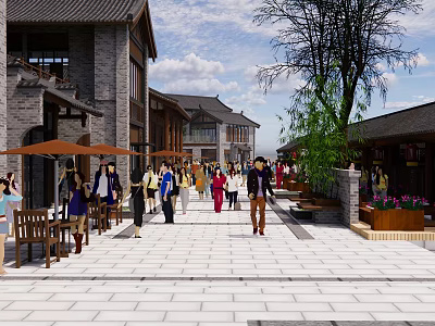 Charming Vibrant Commercial Street With Traditional Buildings Pedestrians Outdoor Seating And Trees 3d model